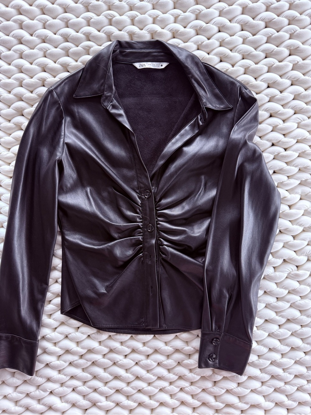 Zara Black Faux Leather Ruched Button Jacket